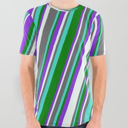 [ Thumbnail: Dim Grey, Turquoise, Green, Purple & Mint Cream Colored Lined Pattern All Over Graphic Tee ]