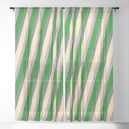 [ Thumbnail: Dim Grey, Beige, Dark Gray, and Green Colored Lines/Stripes Pattern Sheer Curtain ]