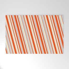 [ Thumbnail: Light Grey, Red, and Beige Colored Striped Pattern Welcome Mat ]