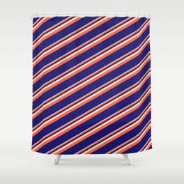 [ Thumbnail: Tan, Red, and Midnight Blue Colored Lined Pattern Shower Curtain ]