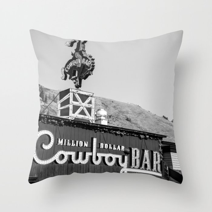 Iconic Western Cowboy Bar On The Jackson Hole Square - Black And White Throw Pillow