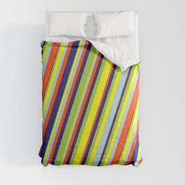 [ Thumbnail: Eye-catching Green, Yellow, Light Blue, Red & Midnight Blue Colored Lines/Stripes Pattern Comforter ]