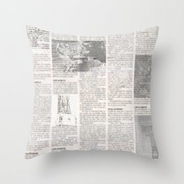 Newspaper with old unreadable text. Vintage grunge blurred paper news texture horizontal background. Textured page. Gray collage. Front top view. Throw Pillow