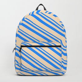 [ Thumbnail: Blue and Bisque Colored Stripes/Lines Pattern Backpack ]