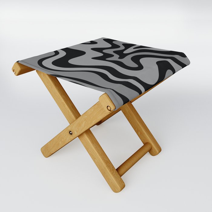 Retro Liquid Swirl Abstract Pattern in Black and Gray Folding Stool