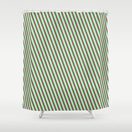 [ Thumbnail: Sky Blue, Red, Green, and Beige Colored Lines Pattern Shower Curtain ]