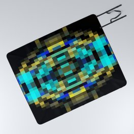 geometric square pixel abstract in blue and yellow with black background Picnic Blanket