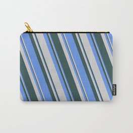 [ Thumbnail: Cornflower Blue, Light Grey & Dark Slate Gray Colored Lines/Stripes Pattern Carry-All Pouch ]