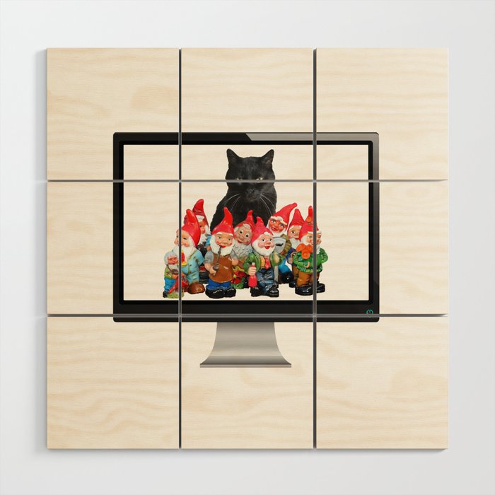 Snoki - Black Cat Gnomes - Computer Screen - IT specialist Wood Wall Art