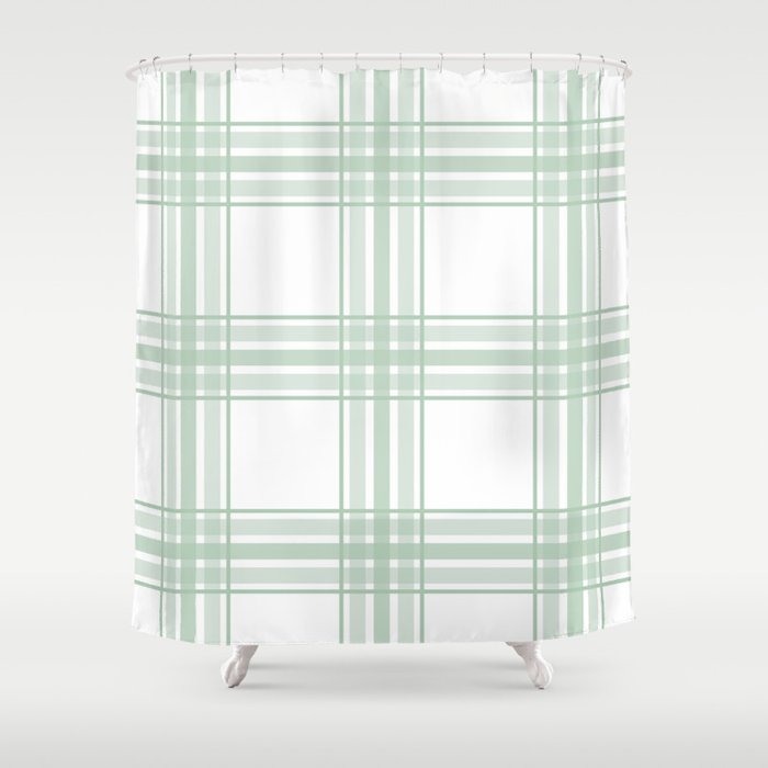 Farmhouse Plaid In Sage Green And White Shower Curtain