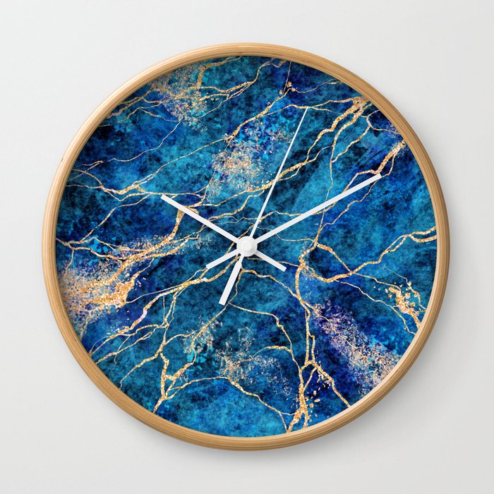 Ripples of Midnight Blue + Gold Marble Abstract Art Wall Clock