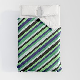 [ Thumbnail: Eyecatching Sea Green, Light Cyan, Black, Green, and Midnight Blue Colored Striped/Lined Pattern Duvet Cover ]