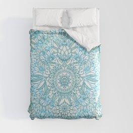 Turquoise Blue, Teal & White Protea Doodle Pattern Comforter
