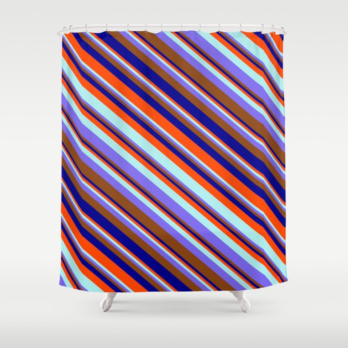Red, Turquoise, Medium Slate Blue, Brown & Dark Blue Colored Striped/Lined Pattern Shower Curtain