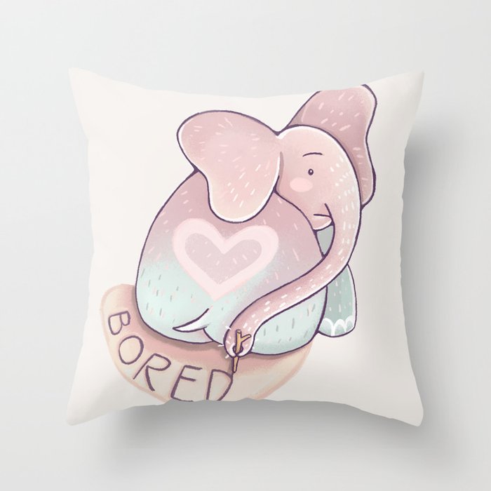 Cute pink elephant writing Bored with nose - illustration Throw Pillow