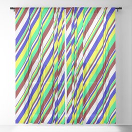 [ Thumbnail: Maroon, White, Blue, Yellow & Green Colored Striped Pattern Sheer Curtain ]
