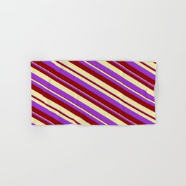 [ Thumbnail: Dark Orchid, Dark Red, and Pale Goldenrod Colored Striped/Lined Pattern Hand & Bath Towel ]