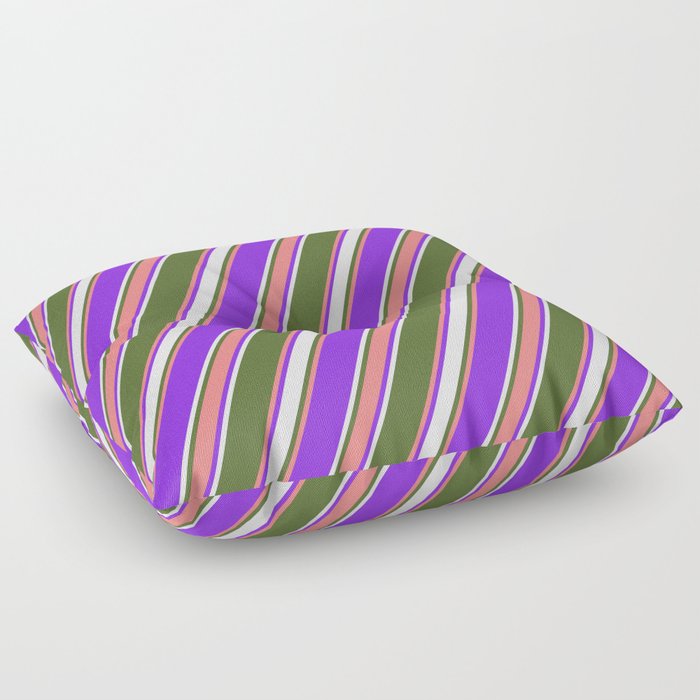 Dark Olive Green, Light Coral, Purple & Lavender Colored Stripes/Lines Pattern Floor Pillow