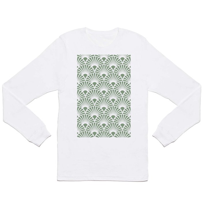 Art Deco Sage Green & White Abstract Fan Pattern Long Sleeve T Shirt