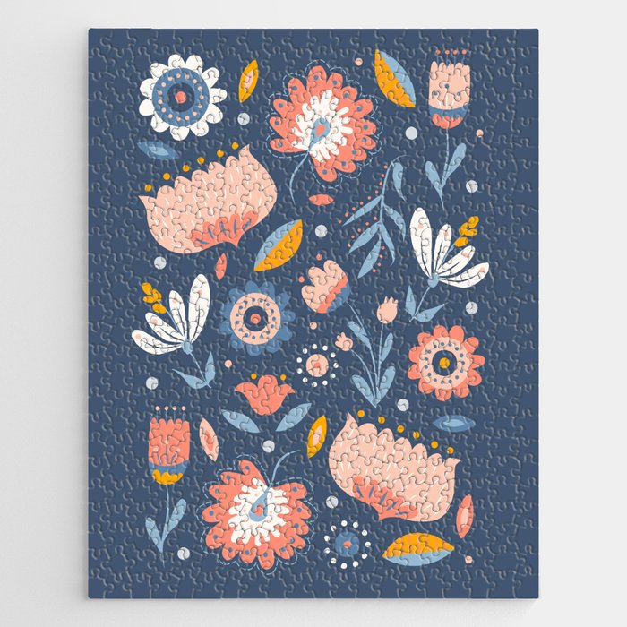 Folk Art Florals in Blue + Pink Jigsaw Puzzle