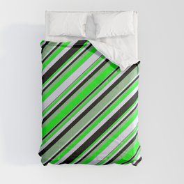 [ Thumbnail: Dark Sea Green, Lime, Lavender, and Black Colored Lines/Stripes Pattern Comforter ]