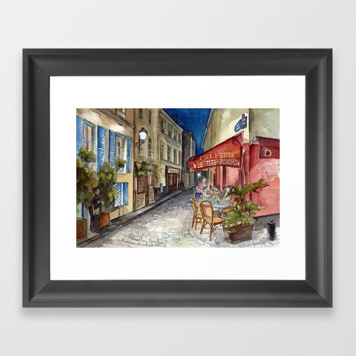 Postcards from Paris - Montmartre by Night: Le Tire-Bouchon Creperie Framed Art Print