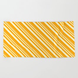 [ Thumbnail: Light Yellow and Orange Colored Lined Pattern Beach Towel ]