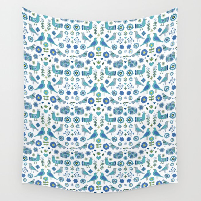 Scandi Folk Birds - blue & white Wall Tapestry