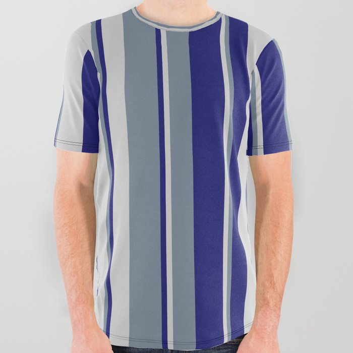 Light Slate Gray, Midnight Blue, and Light Gray Colored Lines Pattern All Over Graphic Tee