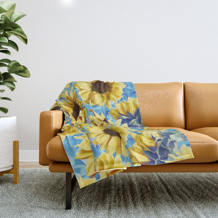 Dreamy Sunflowers on Blue Throw Blanket