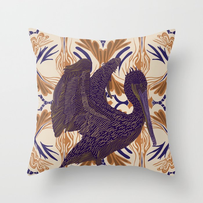 Open winged pelican bird on pattern background - purple Throw Pillow