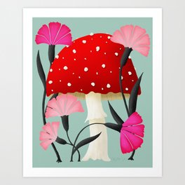 Red Cap Mushroom and Florals Art Print