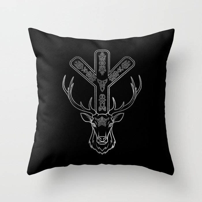Algiz  Rune and Deer in Silver Throw Pillow