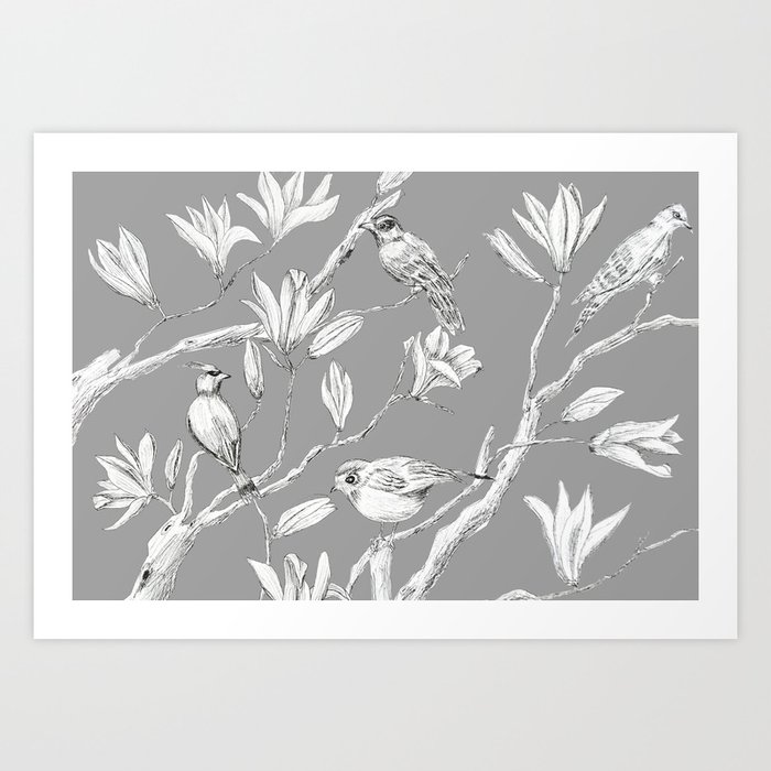 Magnolia flower and birds ink-pen drawing Art Print