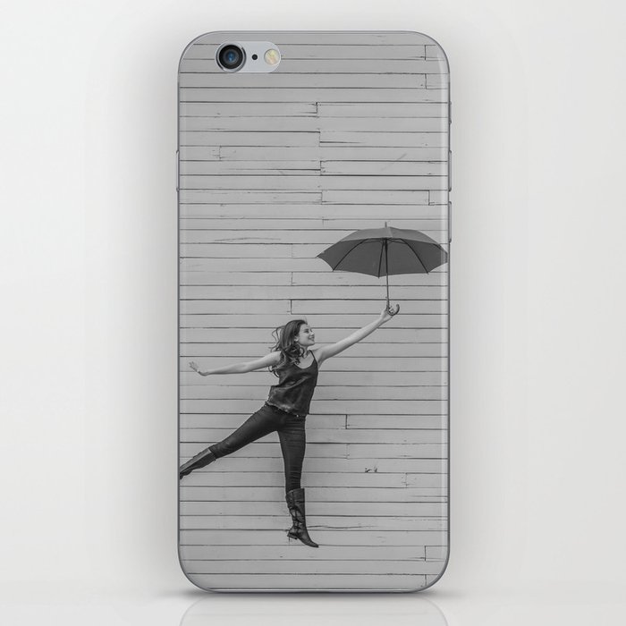 On the way to the break of day; woman flying with umbrella confidence inspirational female black and white photograph - photography - photographs iPhone Skin