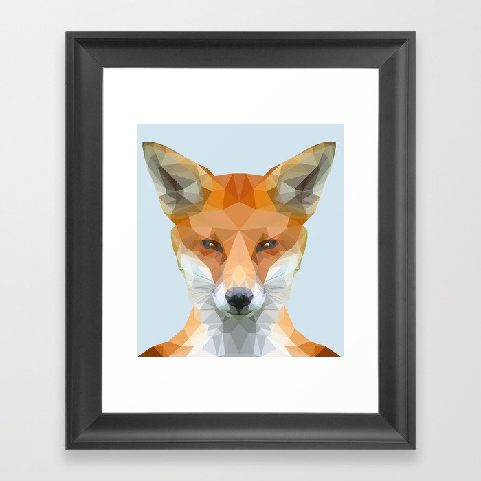 Cute geometric fox on blue/grey background Framed Art Print