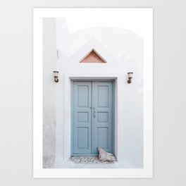 Blue door in Santorini | Pastel colors in Greece | White travel wall art print photography Art Print