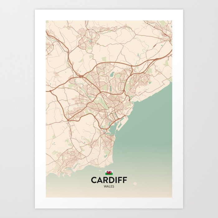 Cardiff, Wales - Vintage City Map Art Print