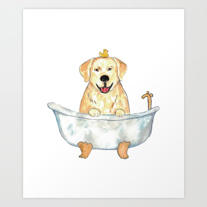 Dog golden retriever taking bath watercolor Art Print