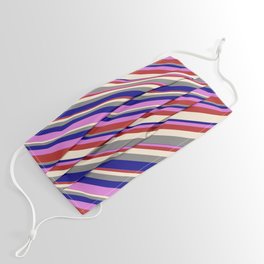 [ Thumbnail: Vibrant Orchid, Red, Beige, Grey, and Blue Colored Lines/Stripes Pattern Face Mask ]