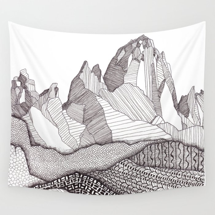 Patterns on Patagonia / Black and White Mountain Drawing / Abstract Mountain Landscape Wall Tapestry