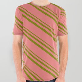 [ Thumbnail: Light Coral & Green Colored Pattern of Stripes All Over Graphic Tee ]