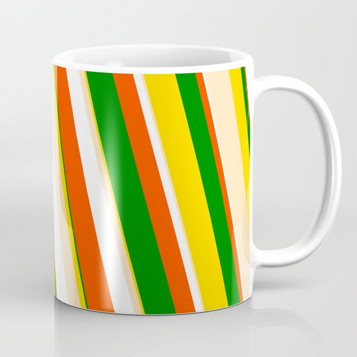 Eye-catching Yellow, Beige, White, Red & Green Colored Pattern of Stripes Coffee Mug