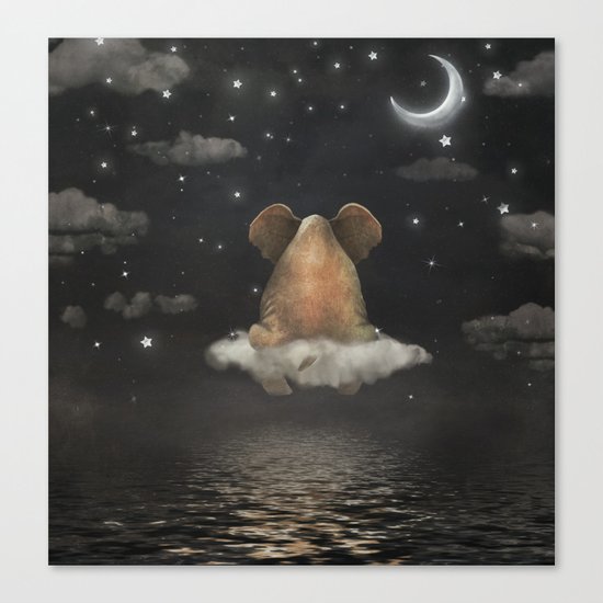 Sad elephant sitting on cloud in night sky Canvas Print
