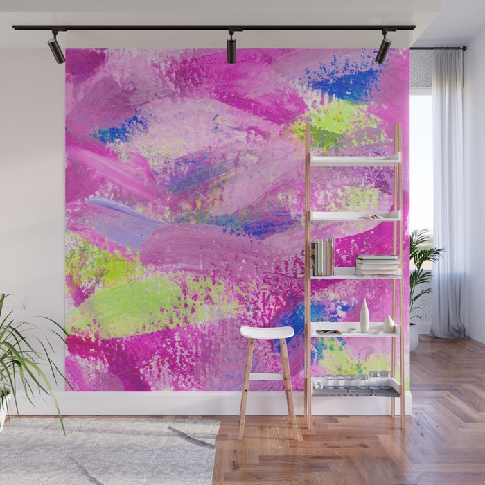 Happy Abstract Painting - Neon Yellow, Magenta, Blue and Pink Wall Mural