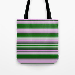 [ Thumbnail: Dark Green and Plum Colored Striped Pattern Tote Bag ]