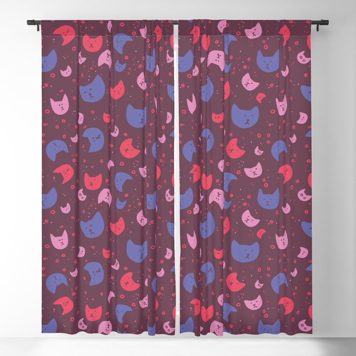 Cat heads on a rose background Blackout Curtain