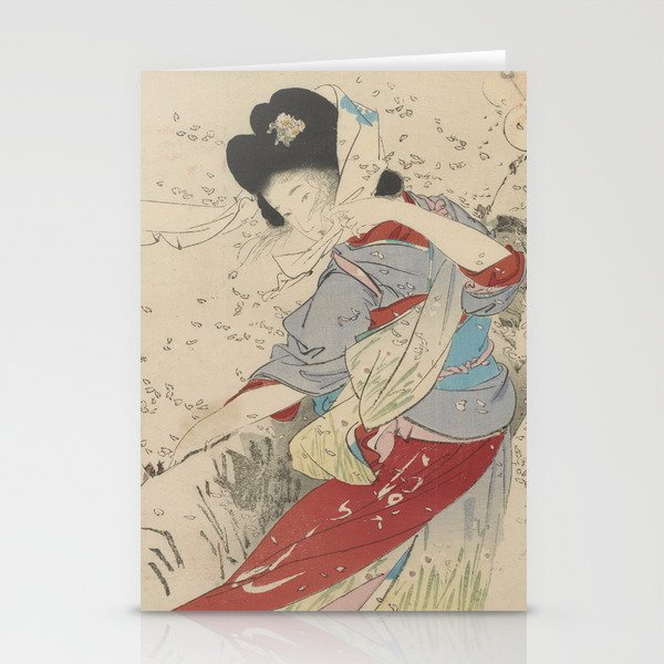 Japanese Meiji Period Print - Cherry Blossom Flurry Stationery Cards