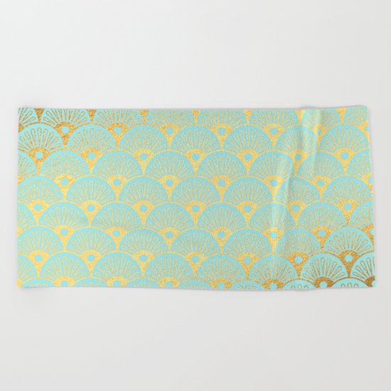 Art Deco Scales Pattern on aqua turquoise with Gold foil effect Beach Towel