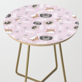 Violet pattern with cute, funny happy dogs. Paws prints, text and pets background for children. Side Table